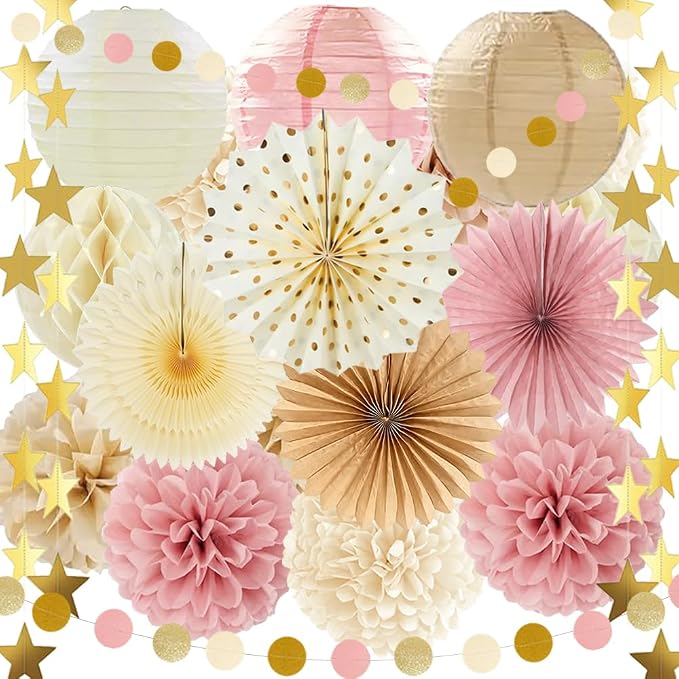 Boho Paper Party Decorations, Blush Pink and Champagne Gold Elegant Party Decor Kit with Paper Lanterns, Pom Poms, Fans and Gold Star Garland for Bridal Shower Birthday Baby Shower Wedding Party