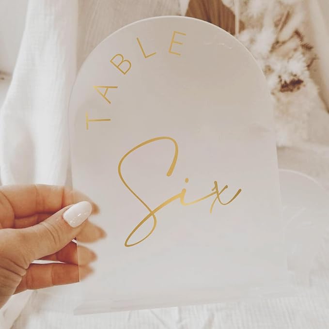 JINMURY Frosted Arch Wedding Table Numbers 1-10 with Stands, 5x7 Inch Acrylic Arch Sign with Golden Lettering, Frosted and Gold Table Numbers for Wedding Reception