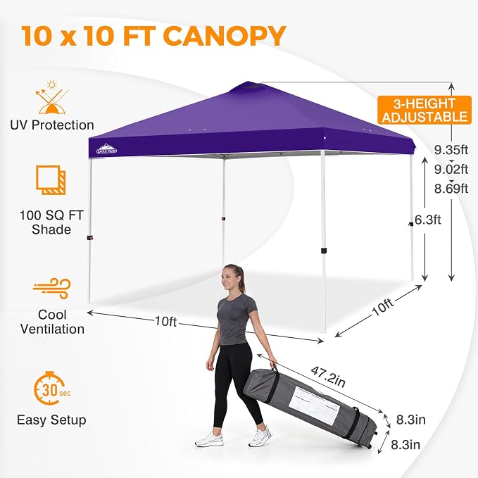 EAGLE PEAK Pop Up Canopy Tent with Wheeled Carry Bag, 8 Stakes, 4 Ropes, 4 Weight Bags, Easy Set Up Tent Canopy, 10x10 ft, 100sqft of Shade, Purple