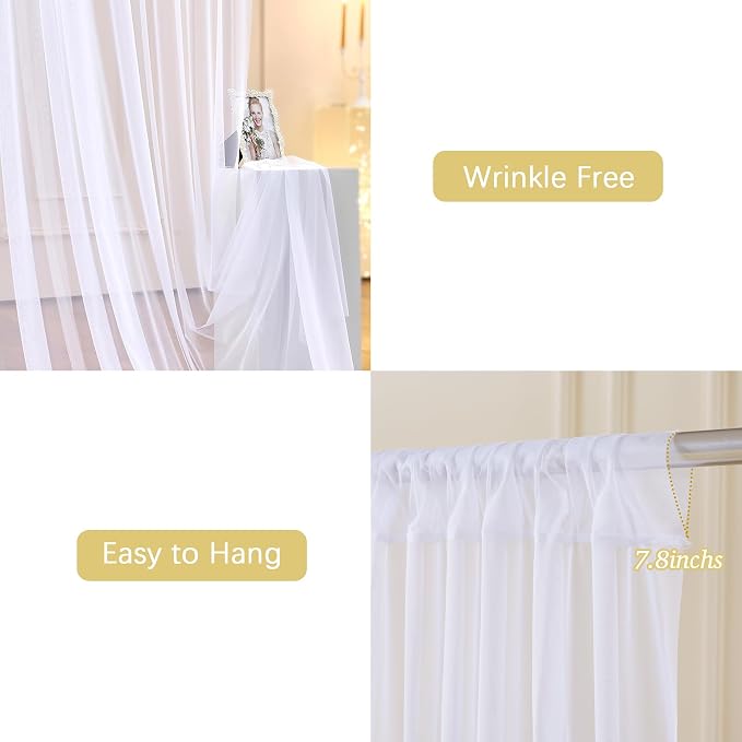 6 Panels White Sheer Tulle Backdrop Curtains with Lights String for Party Wedding Wrinkle Free Curtain Backdrops Drapes for Baby Shower Birthday Photo Back Drop Background Home Decorations 30ft x 8ft