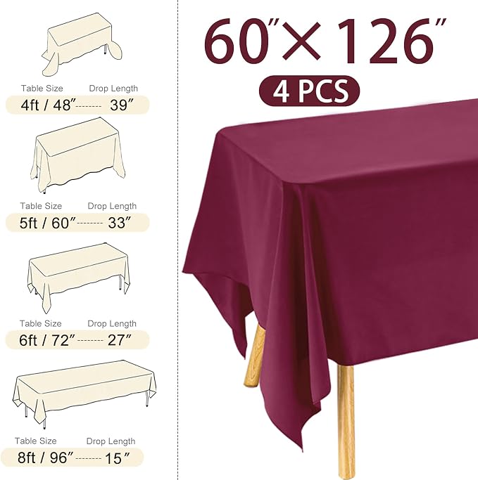 4 Pack Rectangle Tablecloth 60x126 Inch Burgundy Washable Polyester Table Cover for Wedding Dining Table Buffet Parties Banquet Decoration（Burgundy）