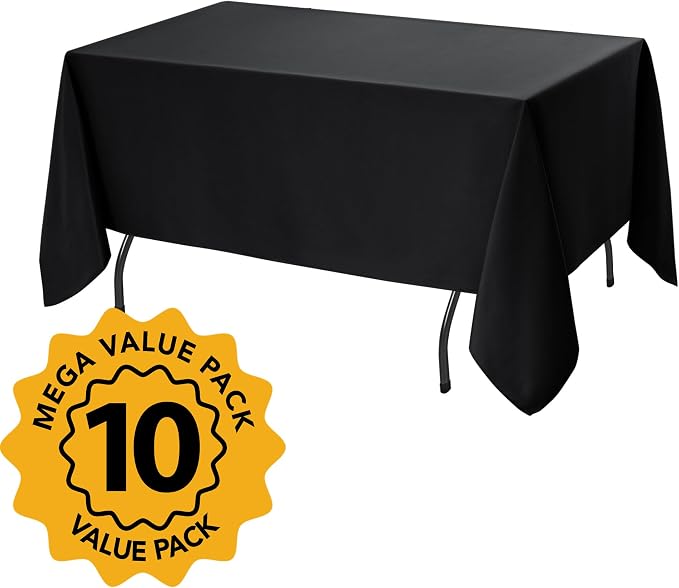6-Pack Black Tablecloths for Rectangle Tables, 60 x 120 Inches, Stain-Resistant Polyester Fabric for 6 Foot Tables - Washable Table Covers for Weddings, Banquets, Birthday, Parties, Events