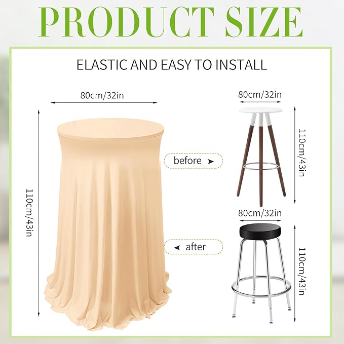 Tegeme 4 Packs Round Spandex Cocktail Tablecloths with Skirt 32 x 43 Inch Cocktail Round Table Cover Spandex Stretch Square Tablecloth Skirt for Table Bar Wedding Party Banquet (Champagne)