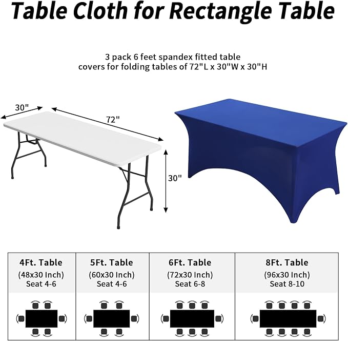 Fixwal 3 Pack Royal Blue Tablecloth Rectangle 6FT, Stretch Spandex Fitted Table Cover for Party, Trade Show, Wedding, Buffet, Graduation, Vendor Stand