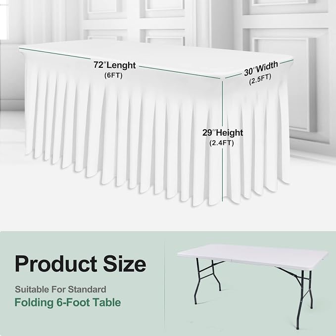 BDDC One-Piece Spandex Table Cover Skirt for 6FT Rectangle Tables | GRS-Certified Eco-Friendly Fabric, Elastic Fitted Ruffle Tablecloth, Washable, For Banquets, Weddings & Parties