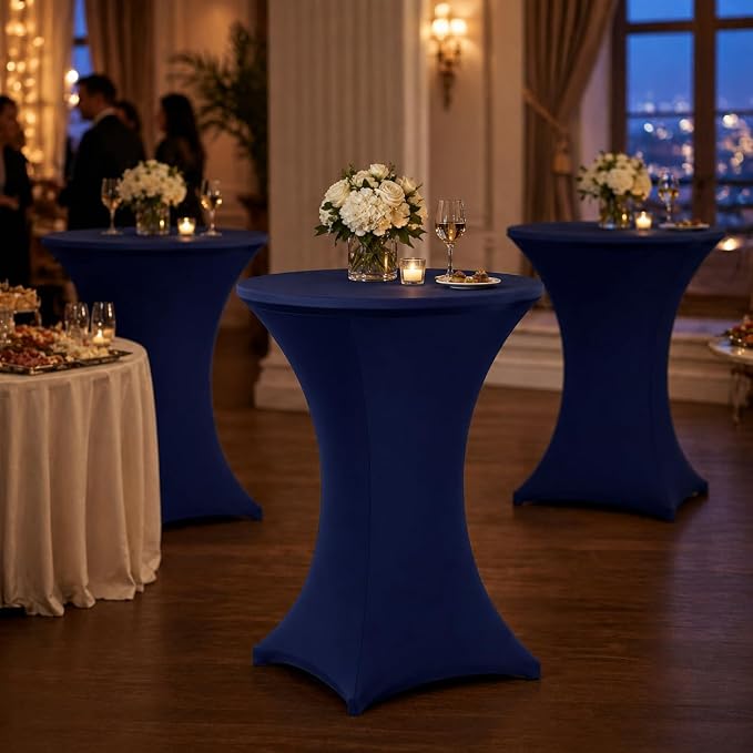 Cocktail Table Covers - 2 Pack 32x43 Inch Table Cloth - Navy Blue Fitted Stretch Spandex Round High Top Tablecloth for Party, Bar, Birthday, Pub, Banquet