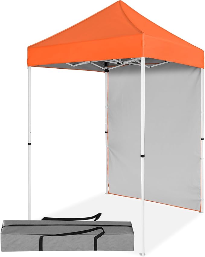 5x5 Pop Up Canopy Tent with One Sidewall, Instant Portable Beach Canopy, Outdoor Tent with Carry Bag for Camping, Sports, Tailgating, Events, Orange