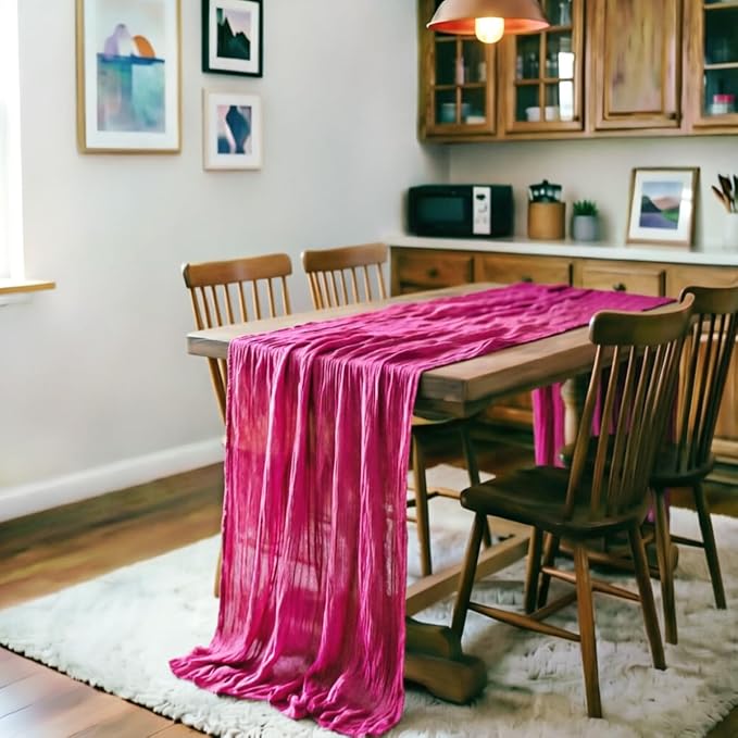 LINXTAR Fuschia Cheesecloth Table Runner 120 Inches 10Ft Gauze Summer Boho Table Runner for Wedding Tea Party Baby Shower Bridal Birthday Home Decoration