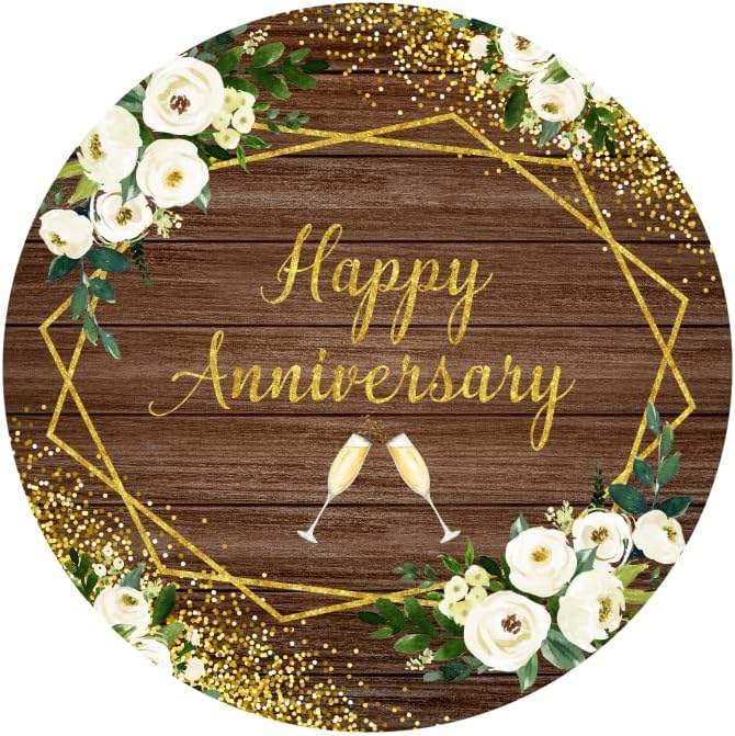 Leyiyi 7.2x7.2ft Happy Anniversary Round Backdrop Cover White Floral Love Cheers to Wedding Anniversary Party Decorations Vintage Wood Board Gold Glitter Bokeh Dots Wedding Anniversary Party Backdrop