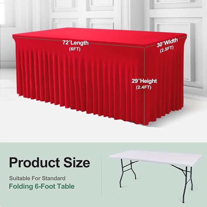 BDDC One-Piece Spandex Table Cover Skirt for 6FT Rectangle Tables | GRS-Certified Eco-Friendly Fabric, Elastic Fitted Ruffle Tablecloth, Washable, For Banquets, Weddings & Parties