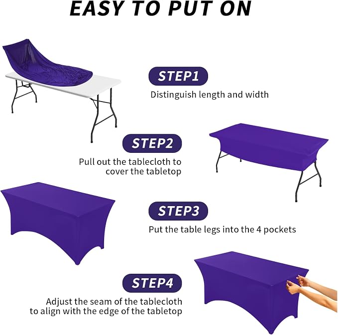Fixwal 3 Pack Purple Tablecloth Rectangle 6Ft, Stretch Spandex Fitted Table Cover for Party, Trade Show, Wedding, Buffet, Graduation, Vendor Stand