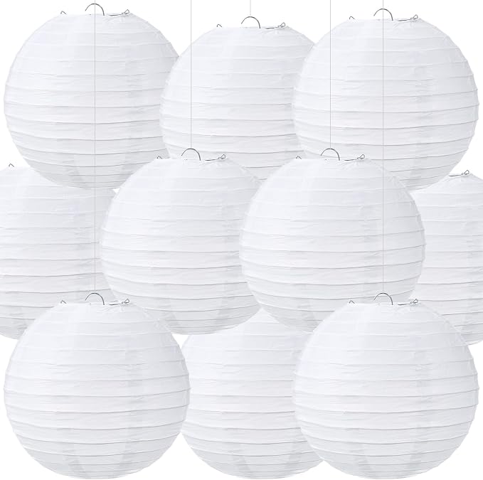Treela 10 Pack White Chinese Japanese Paper Lanterns Decorative Hanging Round Paper Lantern Lamps for Wedding Birthday Party Decorations (14 Inch)