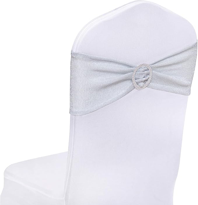 SquarePie Pack of 100 Silver Chair Sashes Bows with Buckle Slider Universal Elastic Spandex Chair Bands Ties for Banquet Event Decor