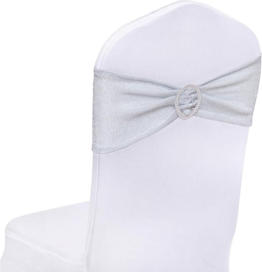 SquarePie Pack of 50 Silver Chair Sashes Bows with Buckle Slider Universal Elastic Spandex Bands Ties for Banquet Event Decor