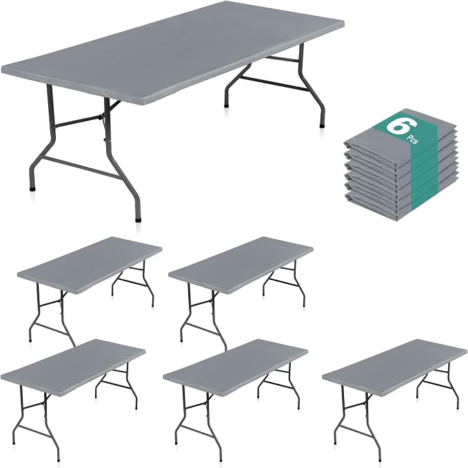 LUSHVIDA 6 Packs Vinyl Tablecloths with Flannel Backing for 6ft Rectangle Folding Table Cloths - Waterproof Plastic Picnic Table Covers with Elastic Corners, 30x72 inch, Light Gray