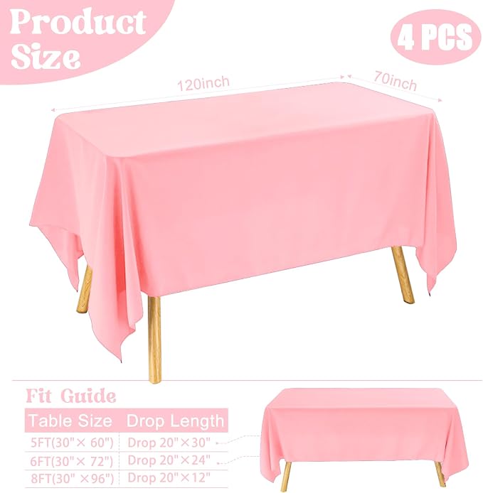 4 Pack Rectangle Tablecloth for 6 Foot Tables Washable Polyester Table Cover for Wedding Dining Table Parties Banquet（70x120 Pink）