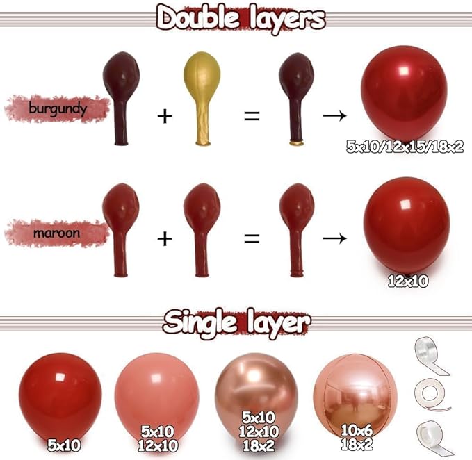 Red Pink Balloon Garland Double Stuffed Burgundy Pink Balloons Dark Red Maroon Rose Gold Balloon Arch Kit for Birthday Bridal Wedding Birthday Mother's Day Graduation Party Decoration