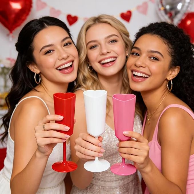 Valentines Day Heart Shaped Wine Glass 6 OZ Elegant Plastic Reusable Wedding Champagne Flutes Galentines Party Acrylic Wine Colored Cups Mimosa Cocktail Toasting Goblets for Birthday Bridal (Red,48）