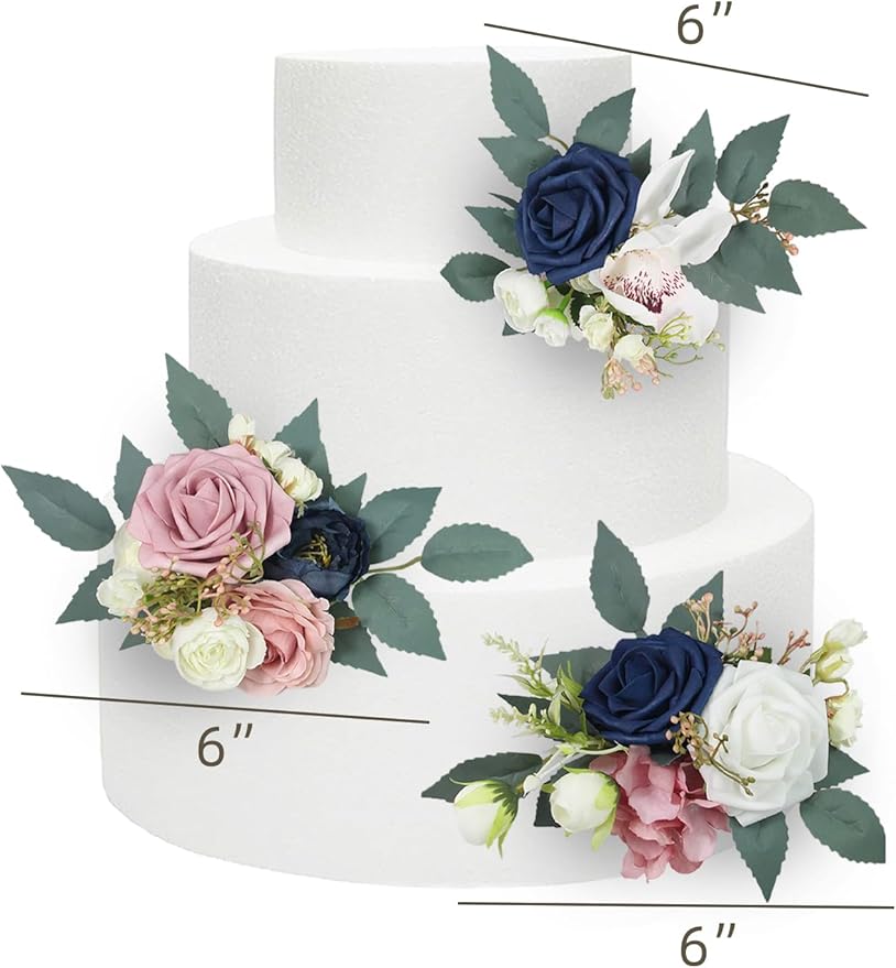 Rinlong 3Pcs Pre-made Cake Flowers Navy Blue Pink Cake Decorations Wedding Cake Decorating Flowers Decor Birthday Baptism Party Artificial Flowers Cake Toppers