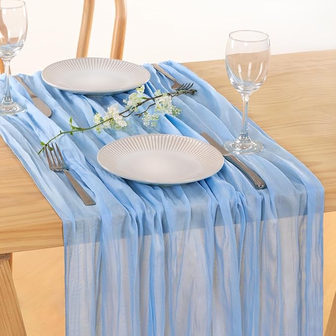 MLMC 6 Pack Baby Blue Cheesecloth Table Runner Baby Blue Table Runner 10ft Sheer Rustic Cheese Cloth Baby Shower Decorations 65x120 Inches for Birthday Gender Reveal Baby Shower Wedding Decor