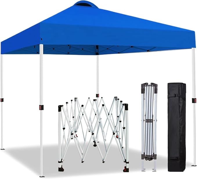 10x10 Pop Up Canopy Tent, One Push Center Lock Instant Setup Folding Shelter, High Strength Steel Frame and Handheld Carry Bag, Ground Stakes and Wind Ropes for Camping, Parties, Blue