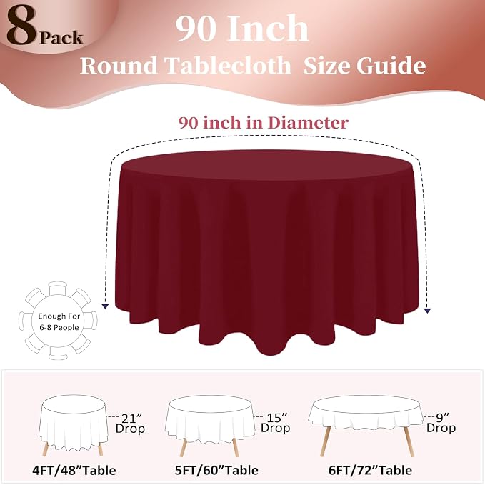 8 Pack Burgundy Round Tablecloth 90 Inch Round Table Cloth, Wrinkle Resistant and Washable Polyester Fabric Table Cloth Round Table Cover for Dining Wedding Banquet Party