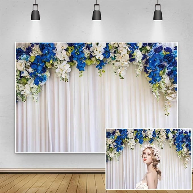 10x6.5ft Floral Wedding Backdrop Blue White Flowers Curtain Photography Background for Wedding Ceremony Bridal Shower Valentine's Day Birthday Party Decoration Portrait Photo Studio Props