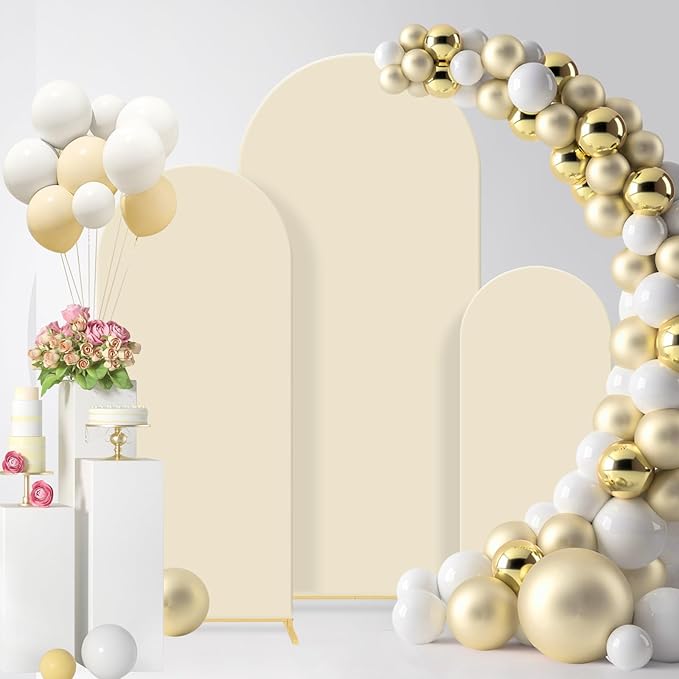 Gawicpy Wedding Arch Backdrop Stand Set Metal Arch Backdrop Stand with Wedding Arch Cover, Wedding Balloon Arch Backdrop Stand for Birthday, Baby Shower, Anniversary (Beige, 4FT+5FT+6FT)
