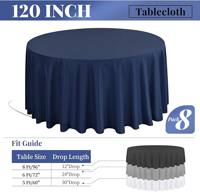 fani 8 Packs Navy Blue Round Tablecloth - 120 Inch, Premium Polyester Table Cloth for Round Tables, Washable Fabric Table Covers for Wedding, Party, Banquet, Dining Tables and Camping