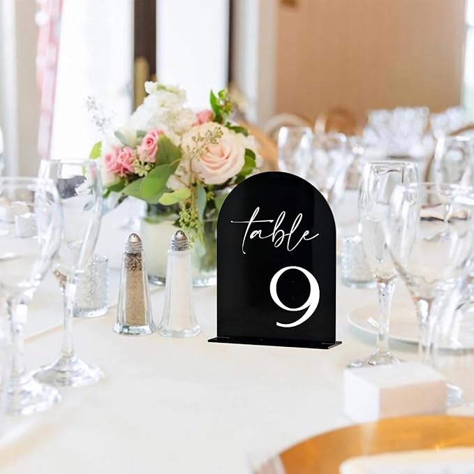 Black Arch Acrylic Table Numbers with Stands 1-15, 5x7" Black Arched Acrylic Sign and Base, Arch Table Numbers for Wedding Reception
