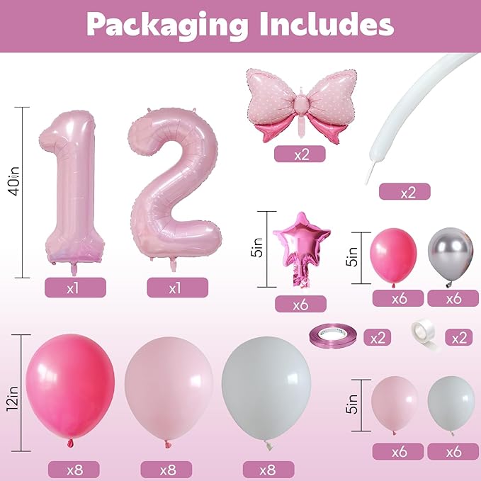 Pink Number 12 Balloons 40 Inch Pastel Pink 12th Birthday Party Decorations Baby Hot Pink White Number 21 Foil Balloon Tower with Bows Giant Large Digit Helium Balloon for Girls Women 21st Anniversary