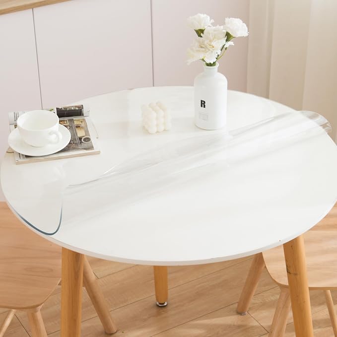 66 Inch Round Clear Table Cover Protector, Clear Round Protector for Dining Room Table, 1.5mm Thick Waterproof Round Plastic Vinyl Table Pad