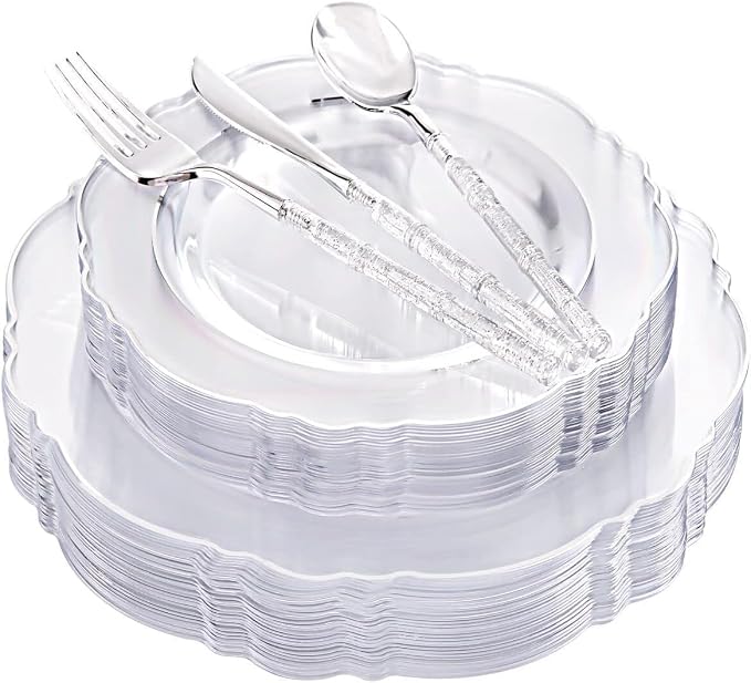 Liacere 150PCS Clear Silver Plastic Plates & Disposable Silver Plastic Silverware with Glitter Bamboo Handle Cutlery-Baroque Clear Disposable Plates for Wedding & Party