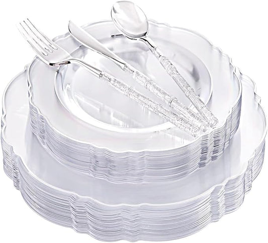Liacere 150PCS Clear Silver Plastic Plates & Disposable Silver Plastic Silverware with Glitter Bamboo Handle Cutlery-Baroque Clear Disposable Plates for Wedding & Easter day & Mother's Day