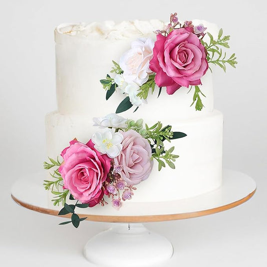 Rinlong 2Pcs Rose Pink Flower Cake Topper Pre-made Cake Decorations Wedding Cake Decorating Flowers Cake Decor for Dessert Baptism Girl Birthday Party Bridal Baby Shower