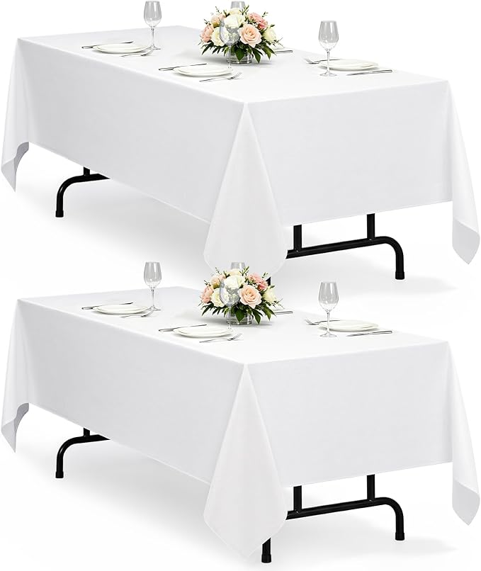 Decorelia White Reusable Waterproof Table Cloths for 8 Ft Rectangle Table-2 Pack, Washable Polyester Rustic Rectangular Table Cloth Cover for Wedding,Outdoor,Events, Party,Banquet, Dining, 60x120 Inch