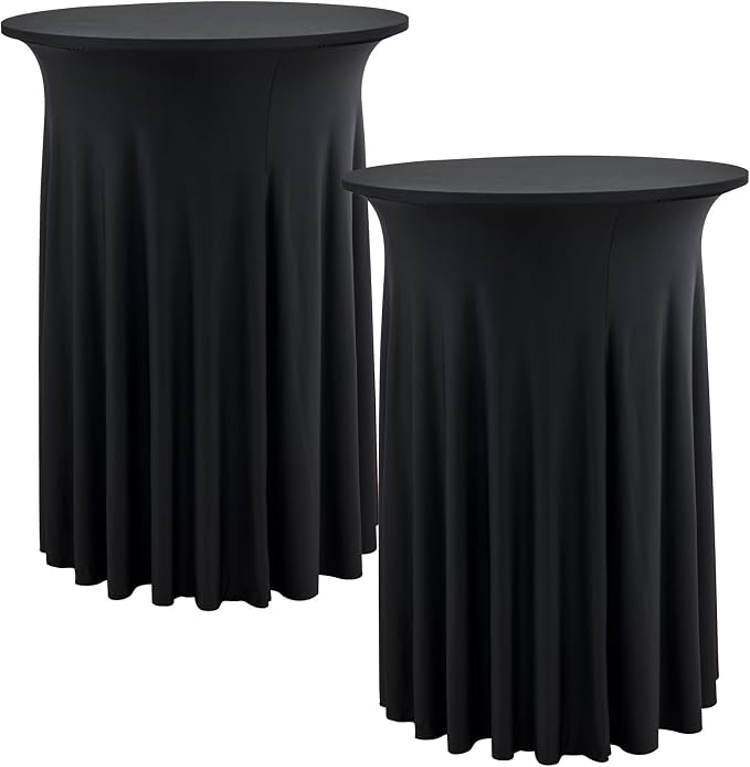 2 pk Black Cocktail Table Cloth Round 36×43in-High Top Highboy Bar Cocktail Tablecloths-Wrinkle Free Stretchy Fitted Spandex Table Covers with Ruffle Desk Skirt for Wedding Banquet Party Tables