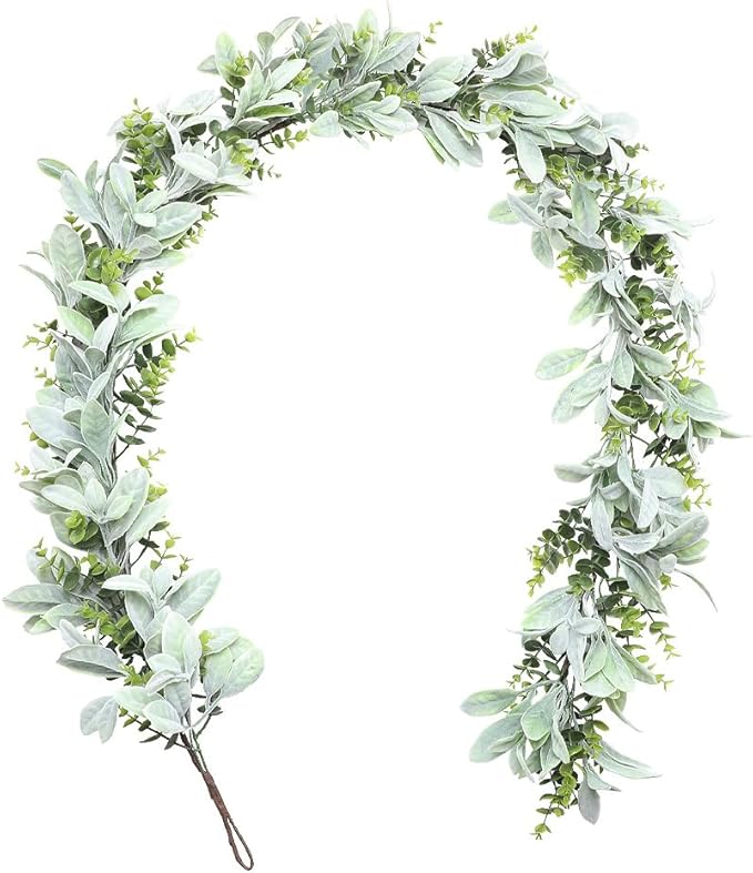Spring Garland 6Ft Artificial Eucalyptus and Lambs Ear Greenery Garland Flower Spring Summer Green Garlands Vines for Home Wedding Table Mantel Garden Decoration