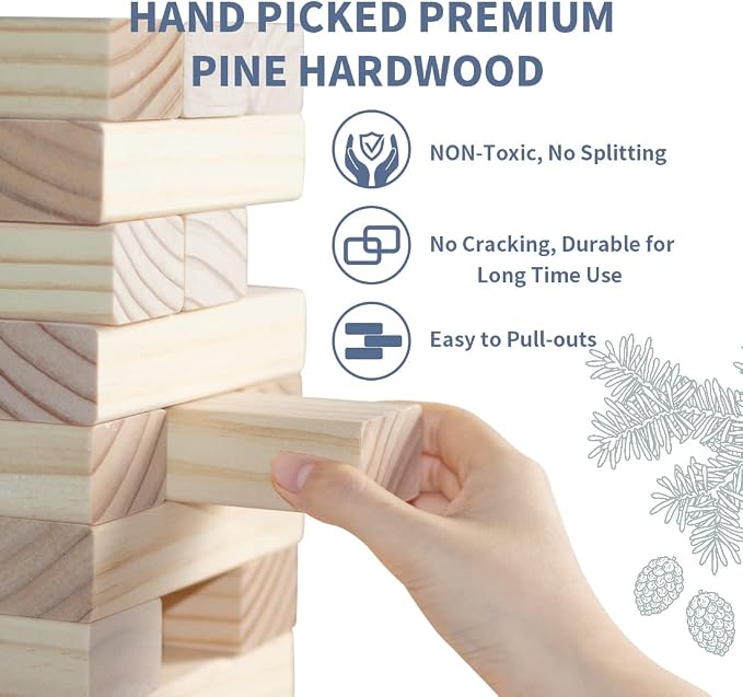 Megwoz Giant Tumble Tower Family Games for Kids and Adults 60 Blocks New Zealand Pine Wooden Blocks Stacking Up to 5 FT for Indoors Outdoors Yard Games for Family
