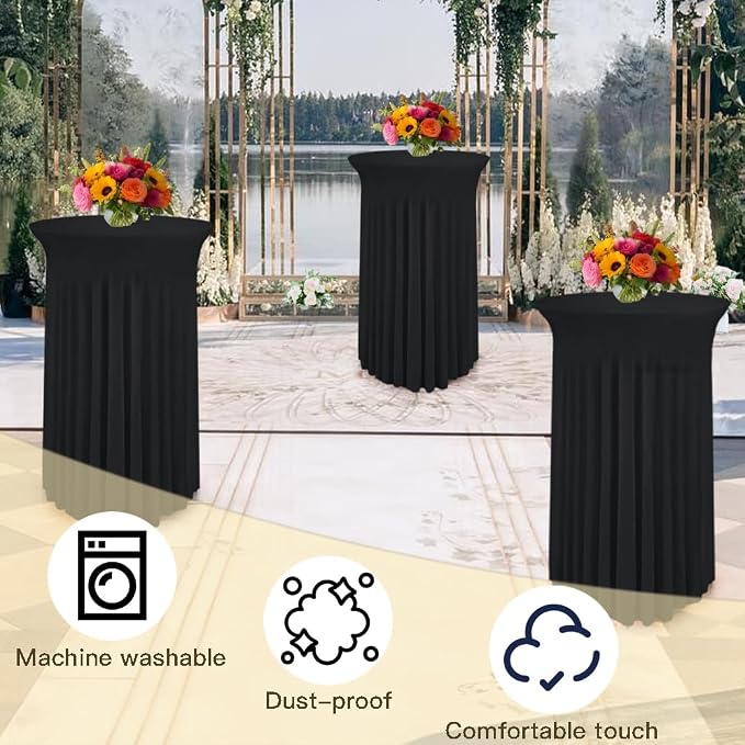 WJWHQ 5 Pack Round Spandex Cocktail Tablecloths with Skirt - Stretch Table Covers for High Top Bar, Wedding, Party, Banquet (Black, 32 x 43 Inch)