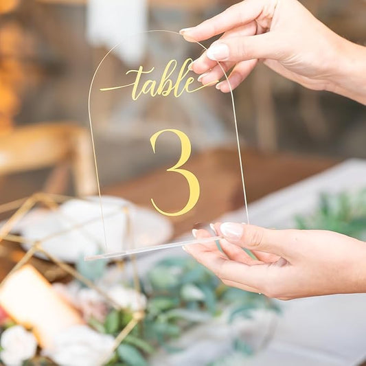 Clear Arch Acrylic Table Numbers for Wedding Reception - 5" x 7" Gold Font Centerpiece Set with Holder Stands & Head Table Sign - Anniversary, Event, Party, Wedding Set 1-20