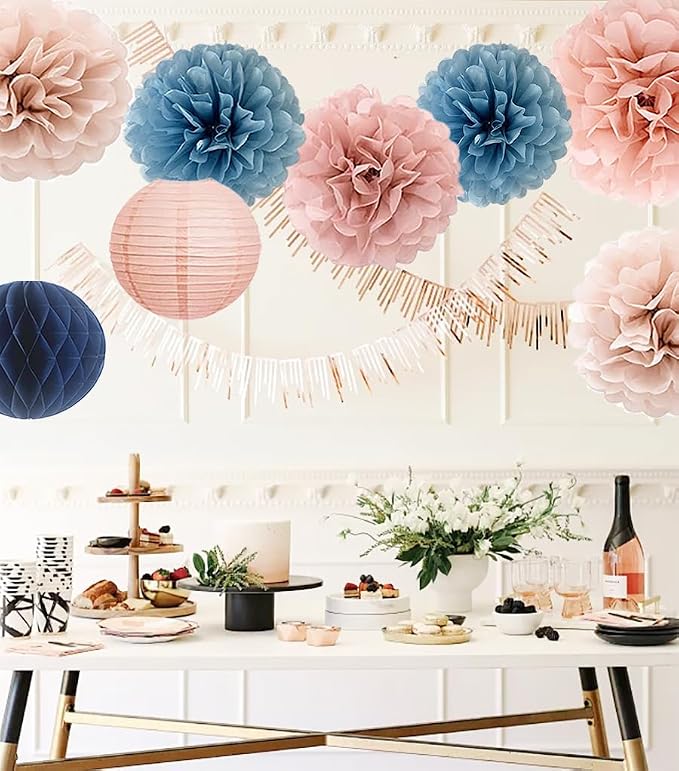 Dusty Pink Blue Hanging Party Decorations with Tissue pom poms and Paper Lantern for Bridal Baby Shower Gender Reveal Birthday Decor Supplies (Dusty blue + Rose gold)