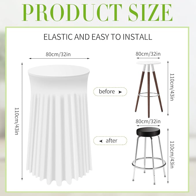 Tegeme 4 Packs Round Spandex Cocktail Tablecloths with Skirt 32 x 43 Inch Cocktail Round Table Cover Spandex Stretch Square Tablecloth Skirt for Table Bar Wedding Party Banquet (White)
