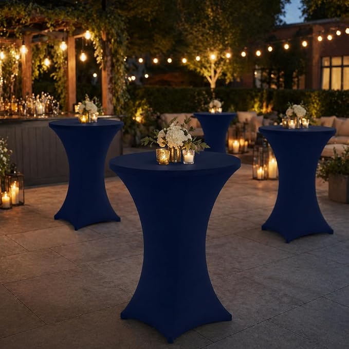 Cocktail Table Covers - 6 Pack 32x43 Inch Table Cloth - Navy Blue Fitted Stretch Spandex Round High Top Tablecloth for Party, Bar, Birthday, Pub, Banquet