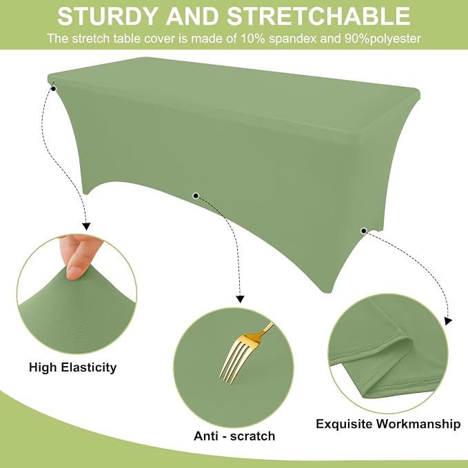 Moosfor Spandex Elastic Fitted 8FT Rectangle Tablecloth 6 Pack, Stretch Washable Reusable Table Cover for Outdoor Picnic, Dining, Wedding, Banquet & Party Events (Sage Green, 96Lx30Wx30H Inch)
