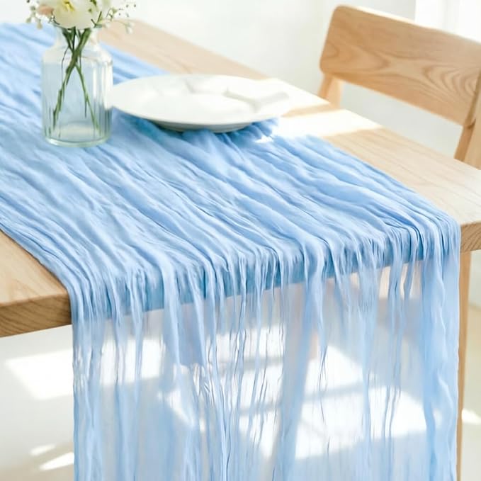 LINXTAR Light Blue Cheesecloth Table Runner 160 Inches 14Ft Gauze Summer Boho Table Runner for Wedding Tea Party Baby Shower Bridal Birthday Home Decoration