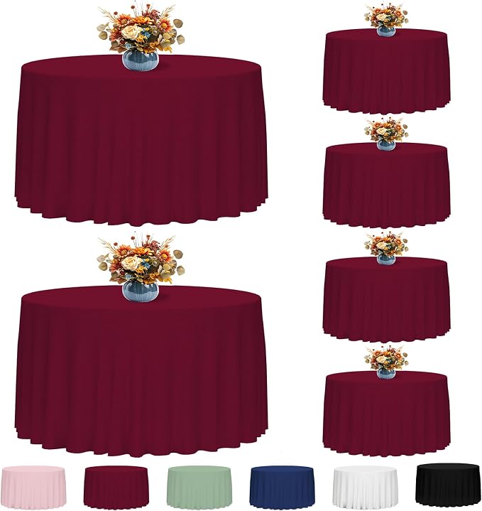 Fixwal 6 Pack Burgundy 120 Inch Round Tablecloths, Reusable Heavy Duty Washable Polyester Table Covers, Stain and Wrinkle Resistant for Wedding, Party, Thanksgiving, Formal Events, Outdoor