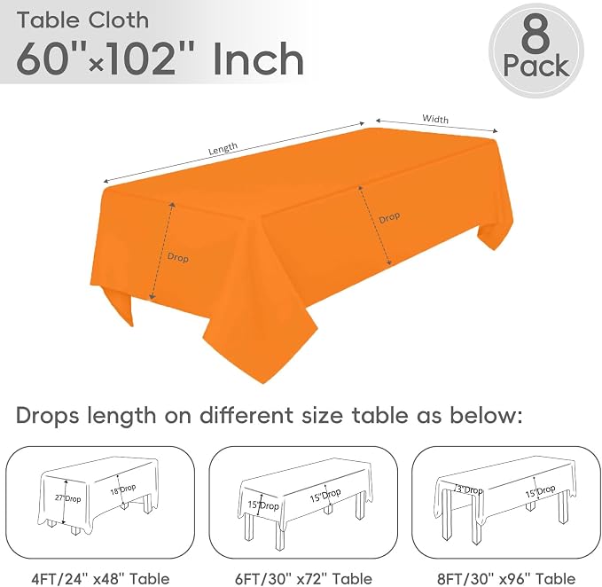 8 Pack Orange Tablecloth 60 x 102 Inch Rectangular Orange Table Cloth for 6 Foot Rectangle Tables,Wrinkle Resistant Washable Fabric for Wedding Party Banquet Buffet and Camping