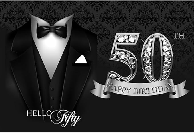 8x6ft Photography Backdrop for Man 50th Birthday Party Decor Black Necktie Suit Tuxedo Silver Diamonds 50th Happy Birthday Background Luxury Hello Fifty Birthday Party Cake Table Banner