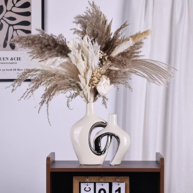 White and Silver Hollow Ceramic Vase Set of 2, Modern Nordic Boho ins Style Aesthetic Decorative Flower Vase for Home Decor, Wedding, Living, Bedroom, Dining Table, Shelf, Mantle, Office Decor